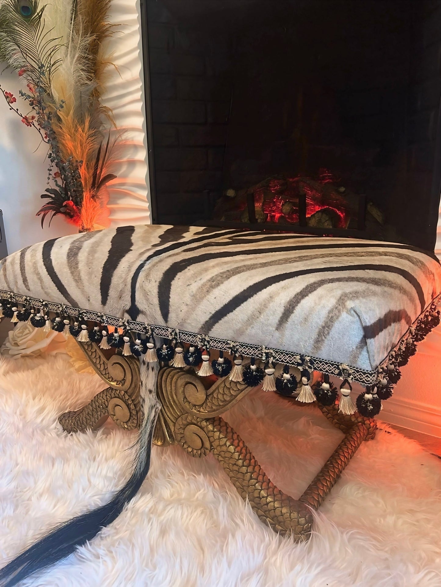 Antique Rococo Gilded Bench/Ottoman Reupholstered with Genuine Zebra Hide
