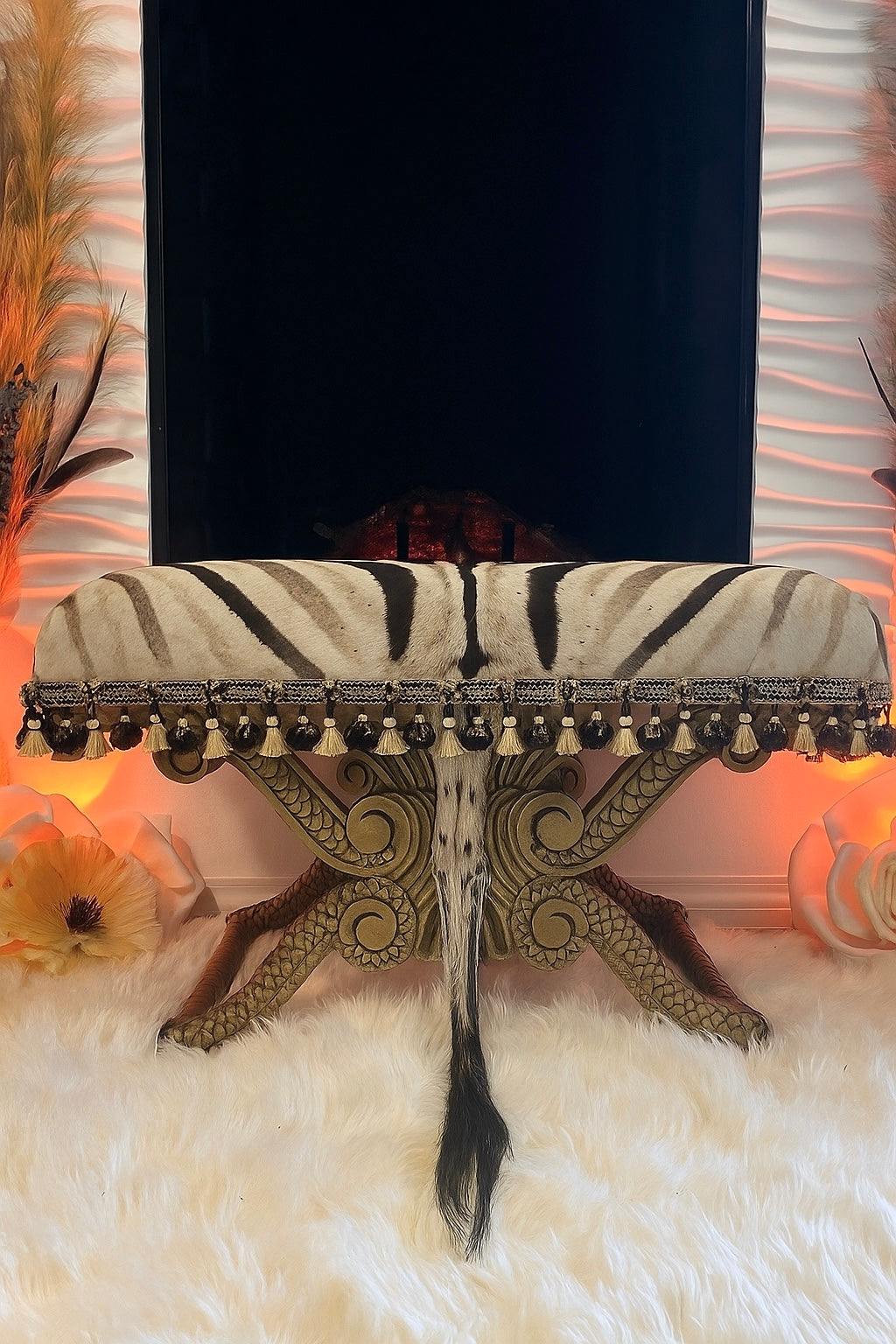 Antique Rococo Gilded Bench/Ottoman Reupholstered with Genuine Zebra Hide