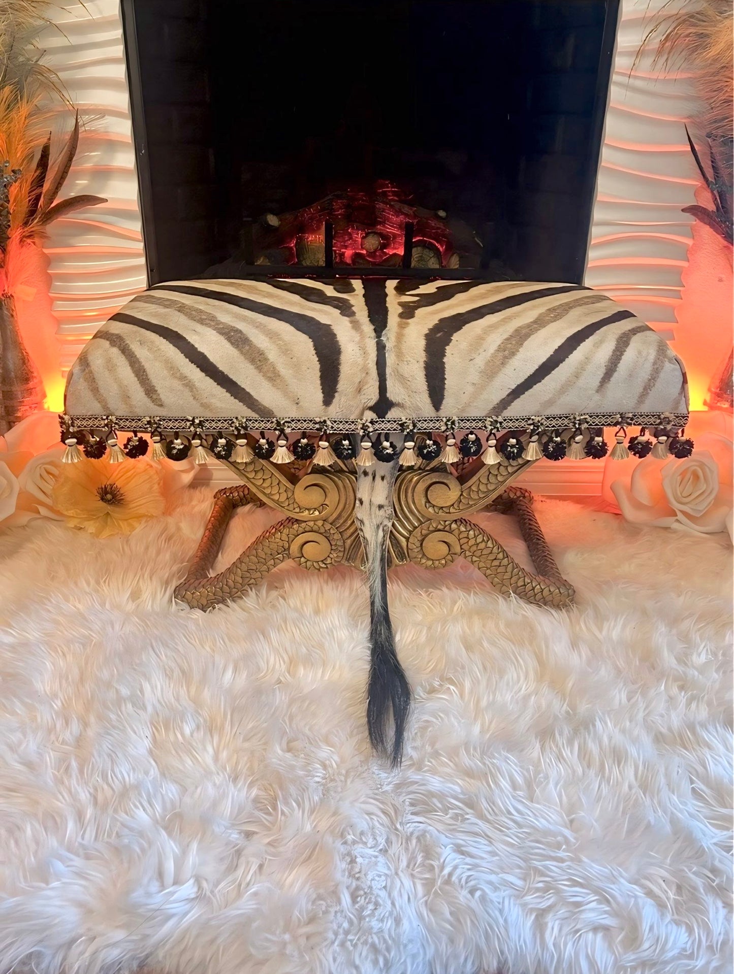 Antique Rococo Gilded Bench/Ottoman Reupholstered with Genuine Zebra Hide